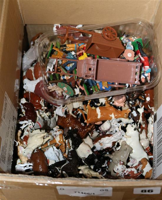 Large quantity of plastic farm animals, figures, etc., Britains and other, mostly overpainted (250+)